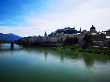 Bridge over river with buildings in background