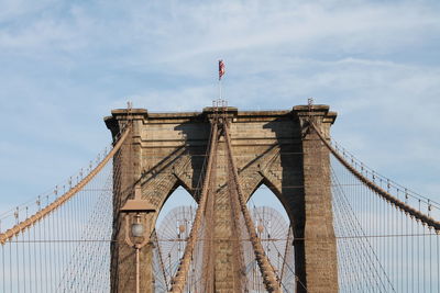 Close-up of the brooklyn bridge arch in new york, against the blue sky. 