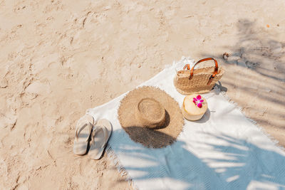 High angle view of heart shape on sand at beach