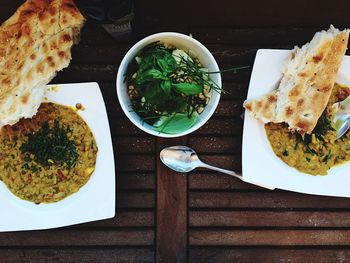 High angle view of meal served on table