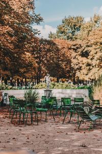 Empty chairs and tables in park