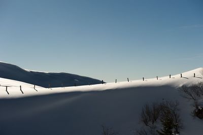 Scenic view of snowy landscape against clear sky