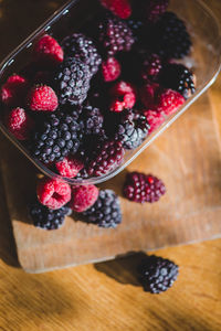 High angle view of strawberries on table