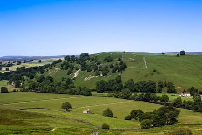 Scenic view of agricultural field against clear blue sky