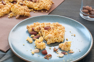 High angle view of breakfast served on table