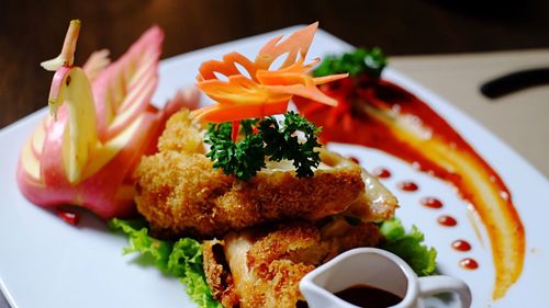 Close-up of food served in plate