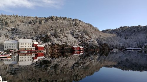 Buildings by lake against sky