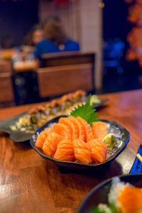 Close-up of fish served on table