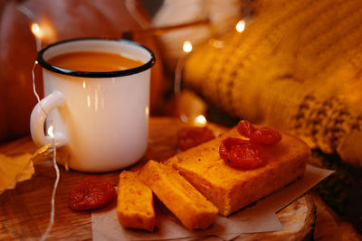 Close-up of breakfast served on table