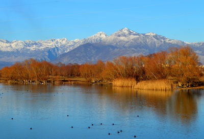 Scenic view of lake by trees against mountains