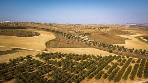 High angle view of road against clear sky