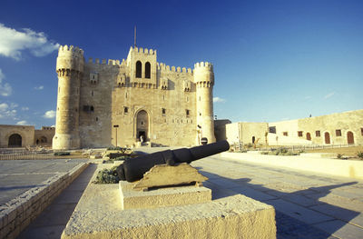 Low angle view of historic building against clear sky