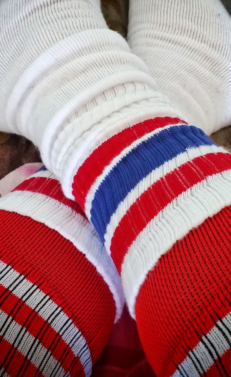 textile, close-up, one person, white color, striped, relaxation, indoors, red, pattern, human body part, clothing, multi colored, wool, real people, mammal, domestic animals, focus on foreground, furniture, softness