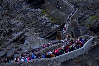 High angle view of people at temple