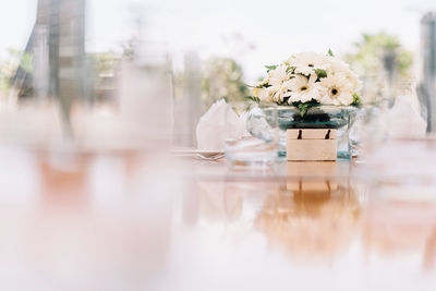 White flowers in glass vase on table