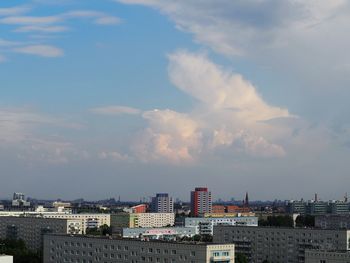 High angle view of buildings against sky