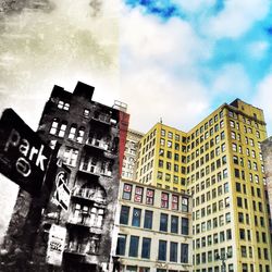 Low angle view of buildings in city against sky