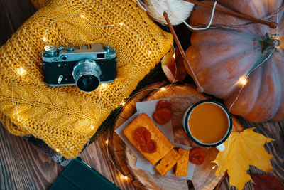 High angle view of camera on table