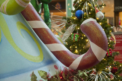 Close-up of christmas decorations on tree