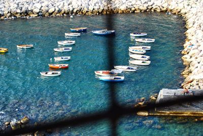 High angle view of boats sailing in sea