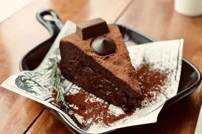 High angle view of chocolate cake on table