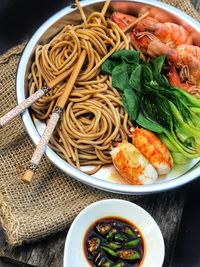 High angle view of noodles in bowl on table