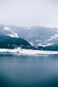 Scenic view of sea against clear sky during winter