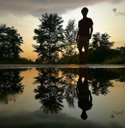 Reflection of man standing in puddle