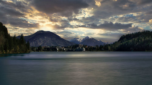 Scenic view of mountains against sky during sunset