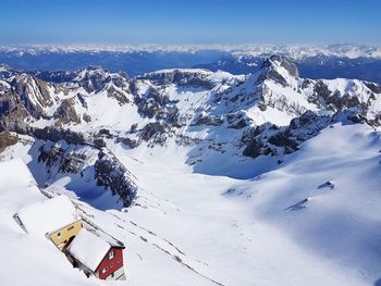 Scenic view of snow covered mountains against sky