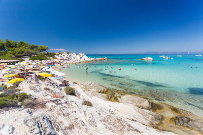 Scenic view of sea against clear blue sky