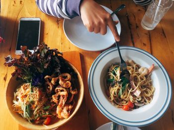 High angle view of food served on table