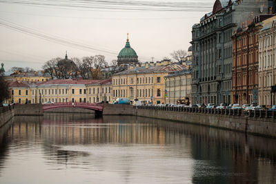 Bridge over river by buildings against sky in city