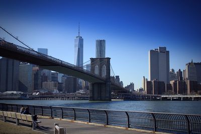 View of suspension bridge in city