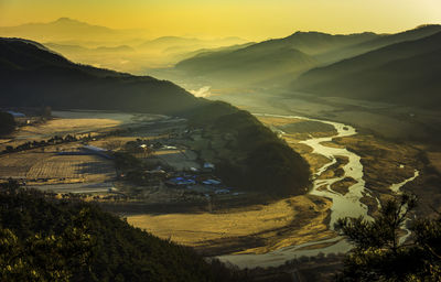 High angle view of landscape against sky during sunset