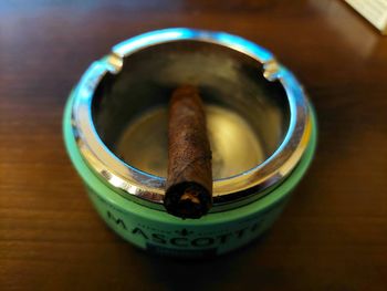 High angle view of pipe on table