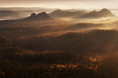 Scenic view of mountains against sky during sunset