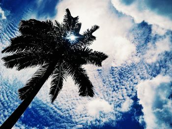 Low angle view of trees against cloudy sky