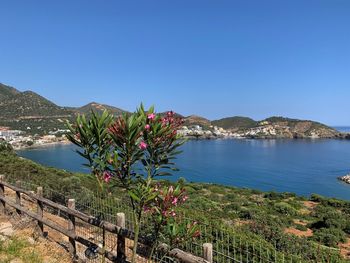 Scenic view of sea against clear blue sky