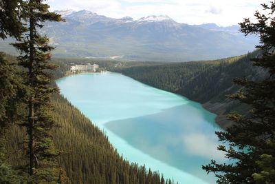 Scenic view of lake and mountains against sky