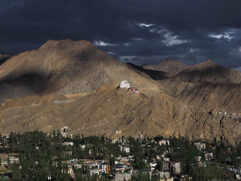 Aerial view of buildings and mountains against sky