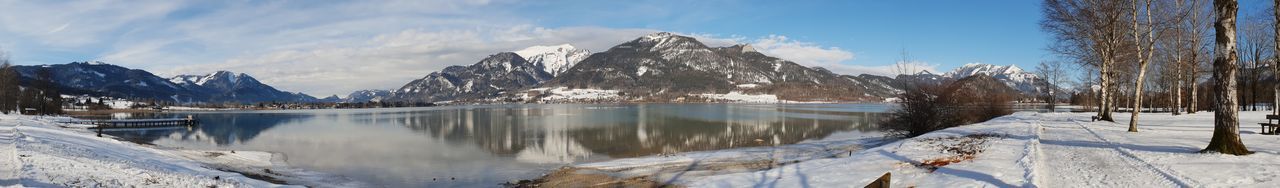 Panoramic view of lake and snowcapped mountains against sky