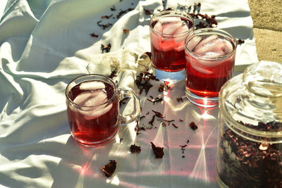 High angle view of drink on table