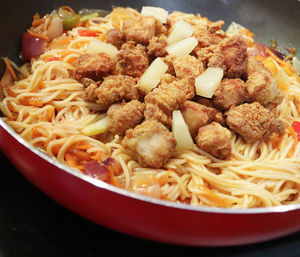 High angle view of meal served in bowl