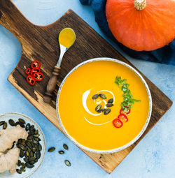 High angle view of soup in bowl on table