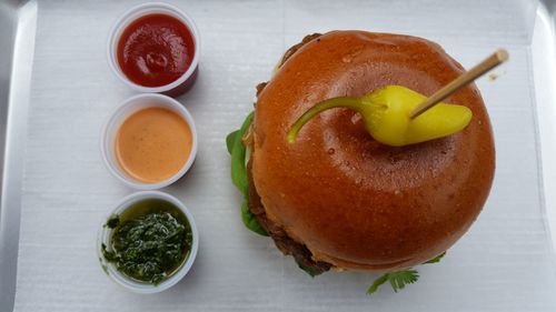 Close-up high angle view of hamburger