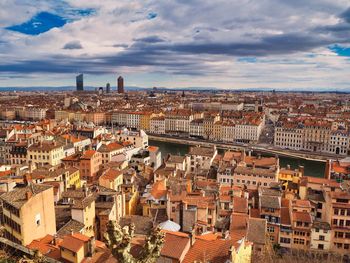 High angle shot of townscape against sky