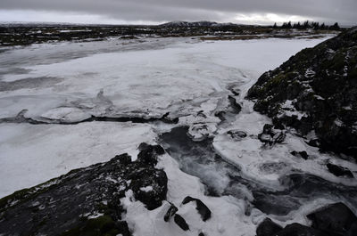 Close-up of frozen river against sky