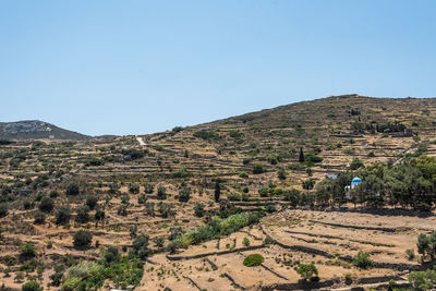 Scenic view of landscape against clear blue sky