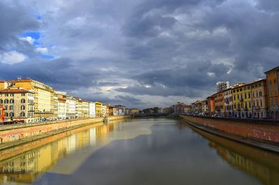 Canal passing through city against cloudy sky